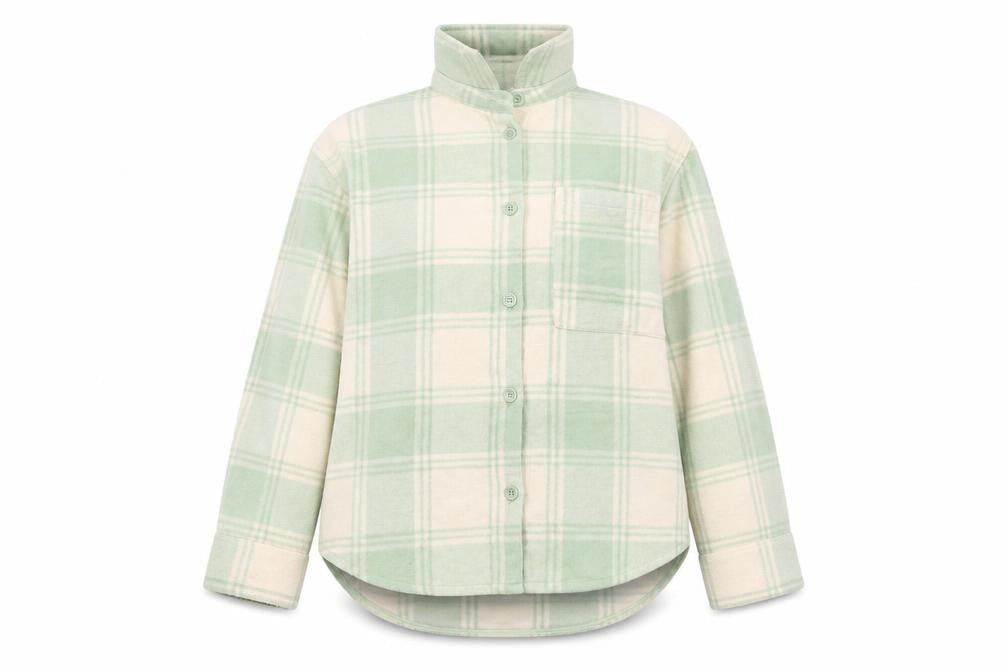 Front view of Monki Women Green Check Fleece Button Jacket, size 12
