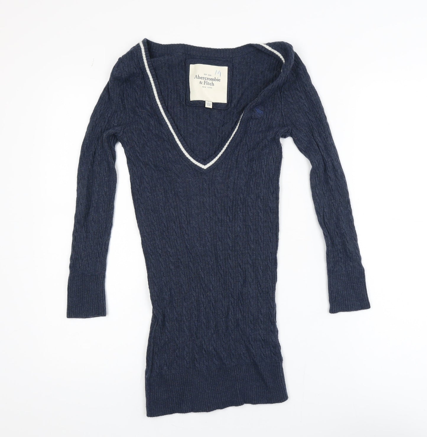 Abercrombie & Fitch Men's Blue Cable-Knit V-Neck Jumper Size L