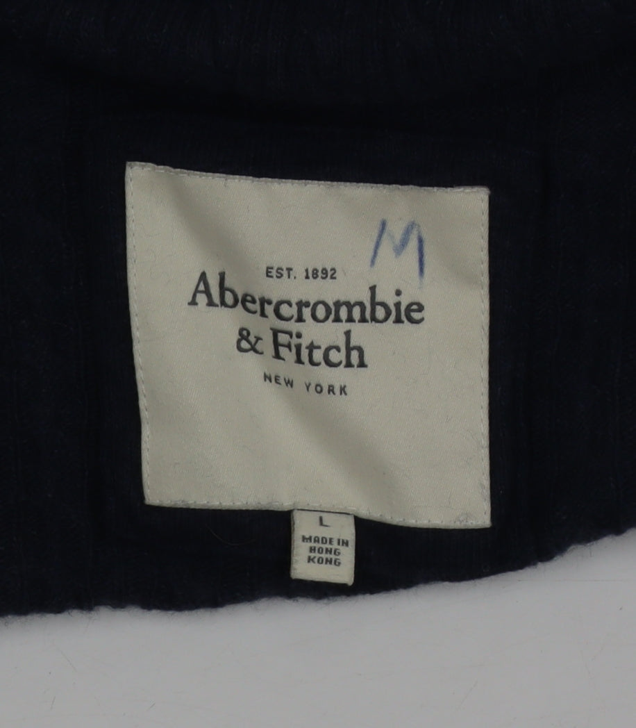Abercrombie & Fitch Men's Blue Cable-Knit V-Neck Jumper Size L