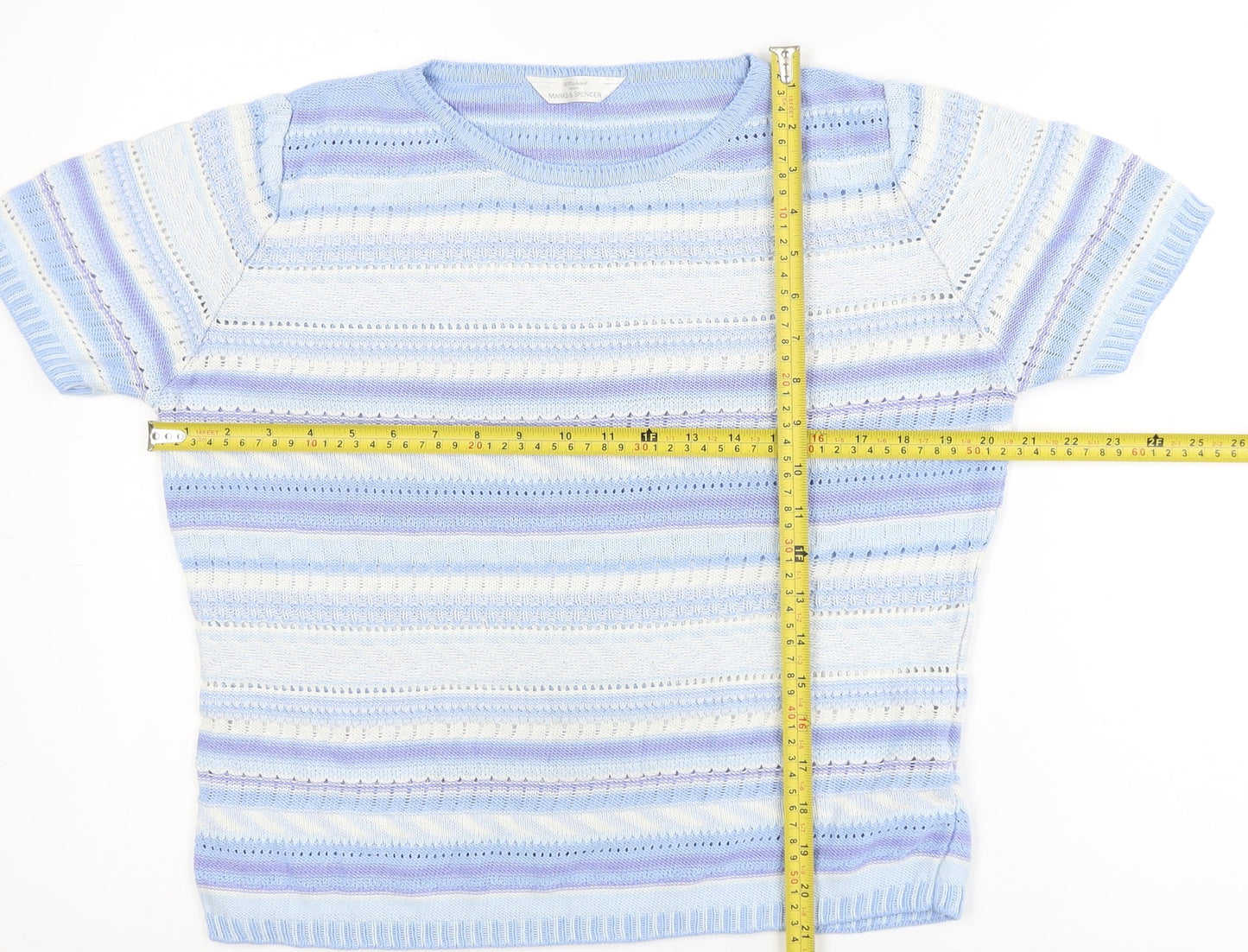Marks and Spencer Women Blue Striped Knit Short Sleeve Top UK 16