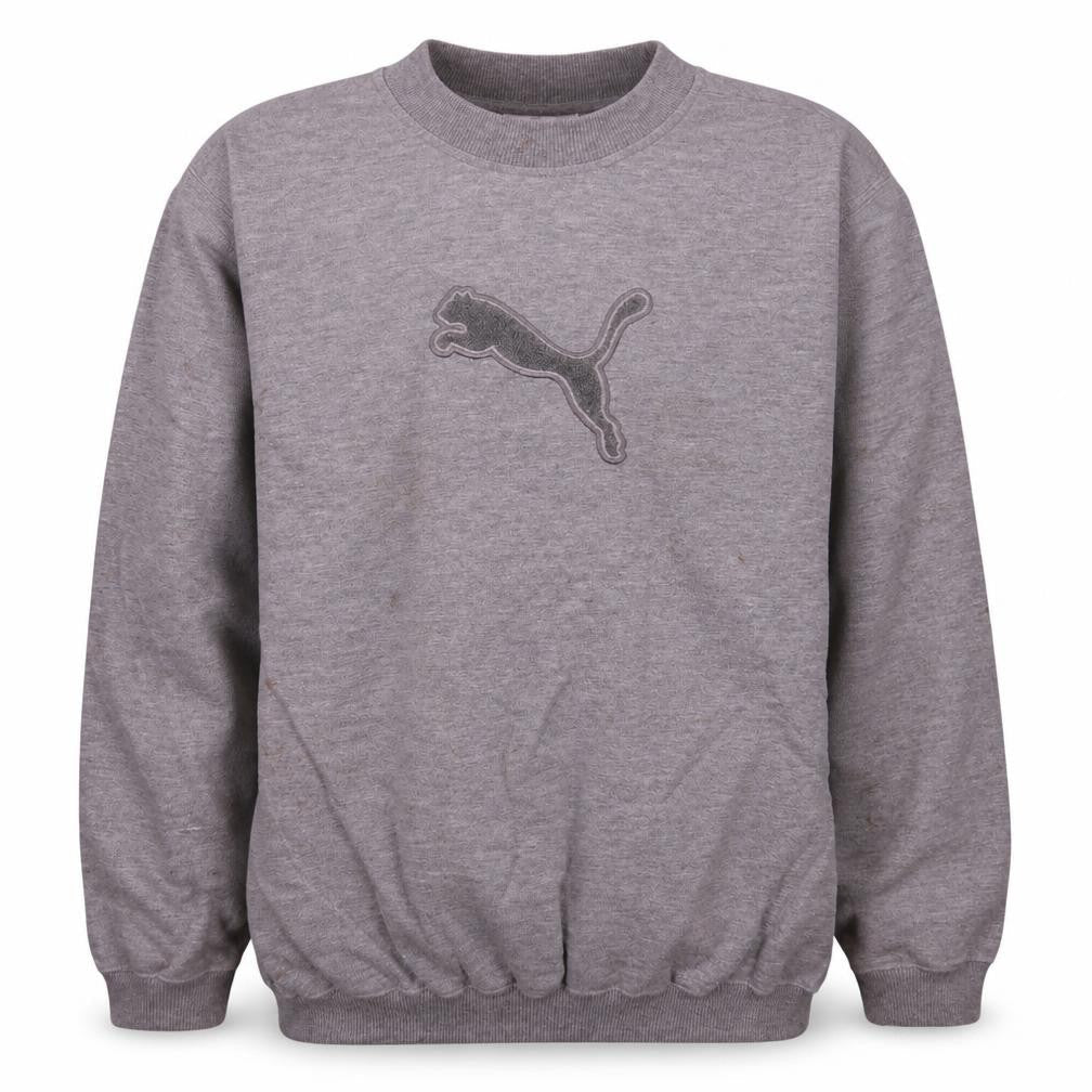 Front view of Puma boys’ grey crew neck pullover sweatshirt, size 164, logo embroidered top