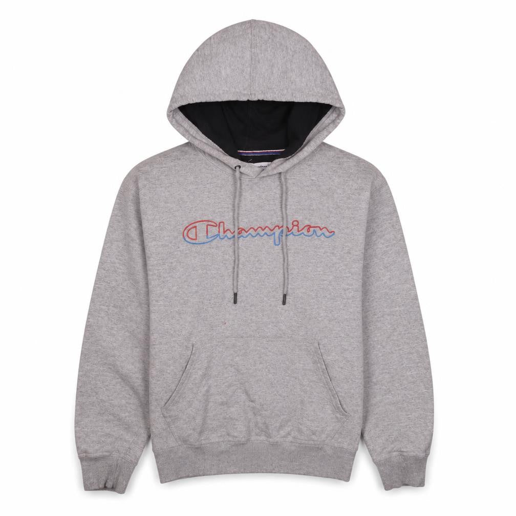 Front view of Champion Men's Grey Small Pullover Hoodie Embroidered Logo Fleece