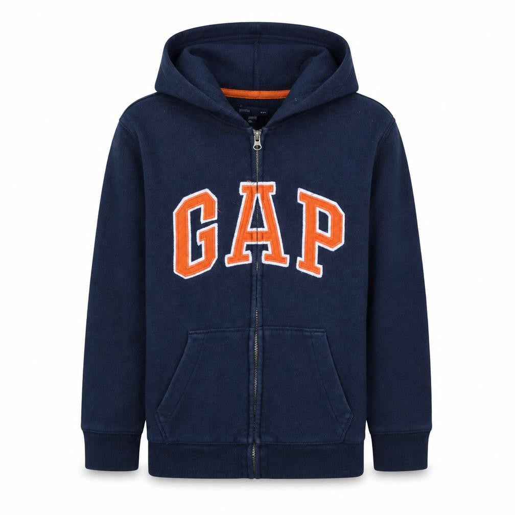 Front view of Gap boys’ navy blue full zip hoodie xl 12-13 years fleece logo casual