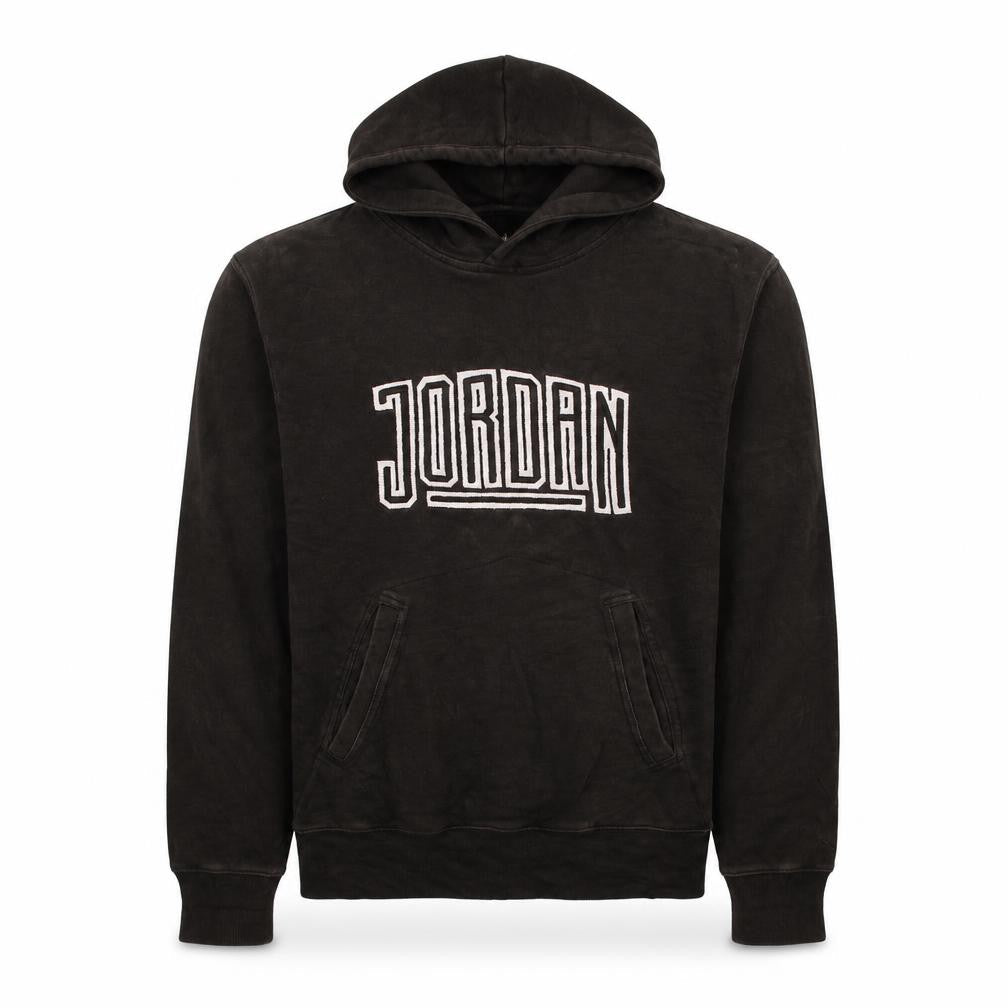 Front view of Jordan men’s black pullover hoodie, size M, embroidered logo