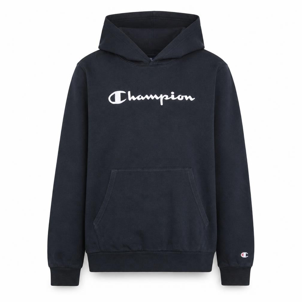 Front view of Champion boys’ black pullover fleece hoodie 15-16 years logo sweatshirt