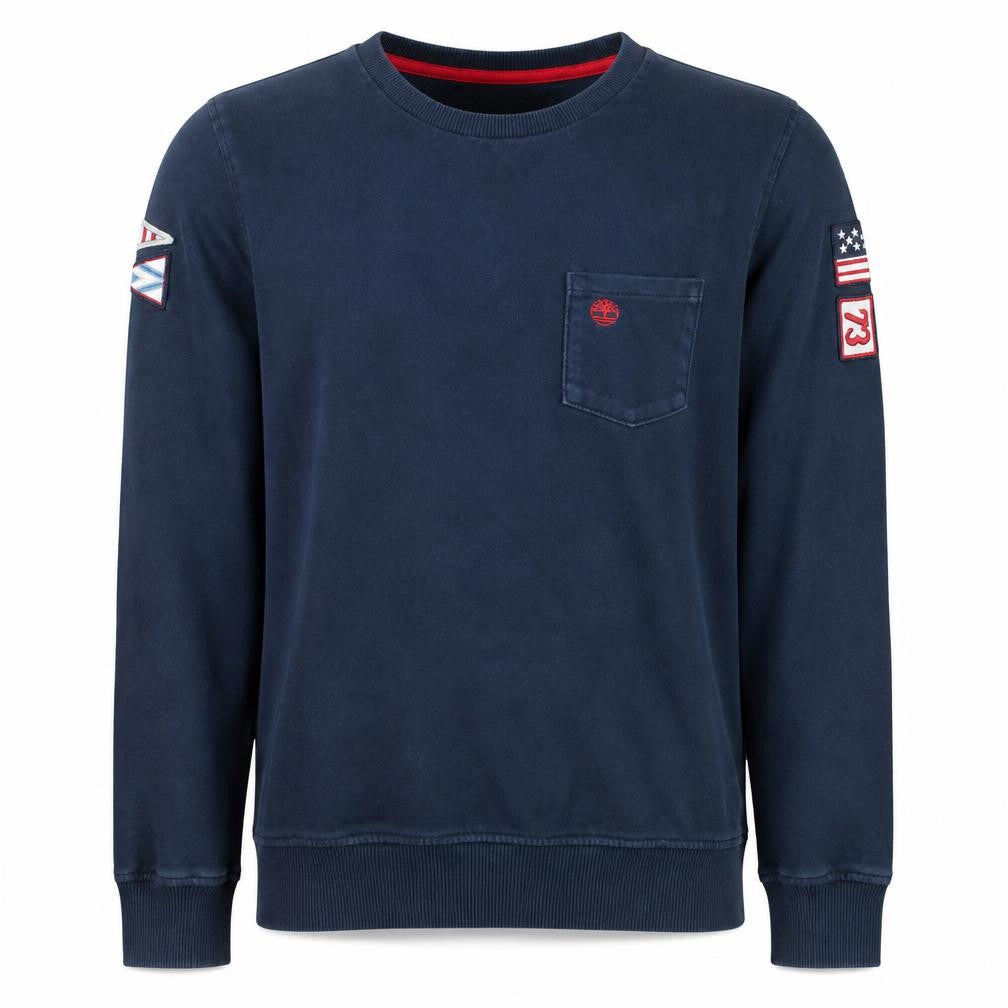 Front view of Timberland Men's Blue Crew Neck Cotton Pullover Sweatshirt L