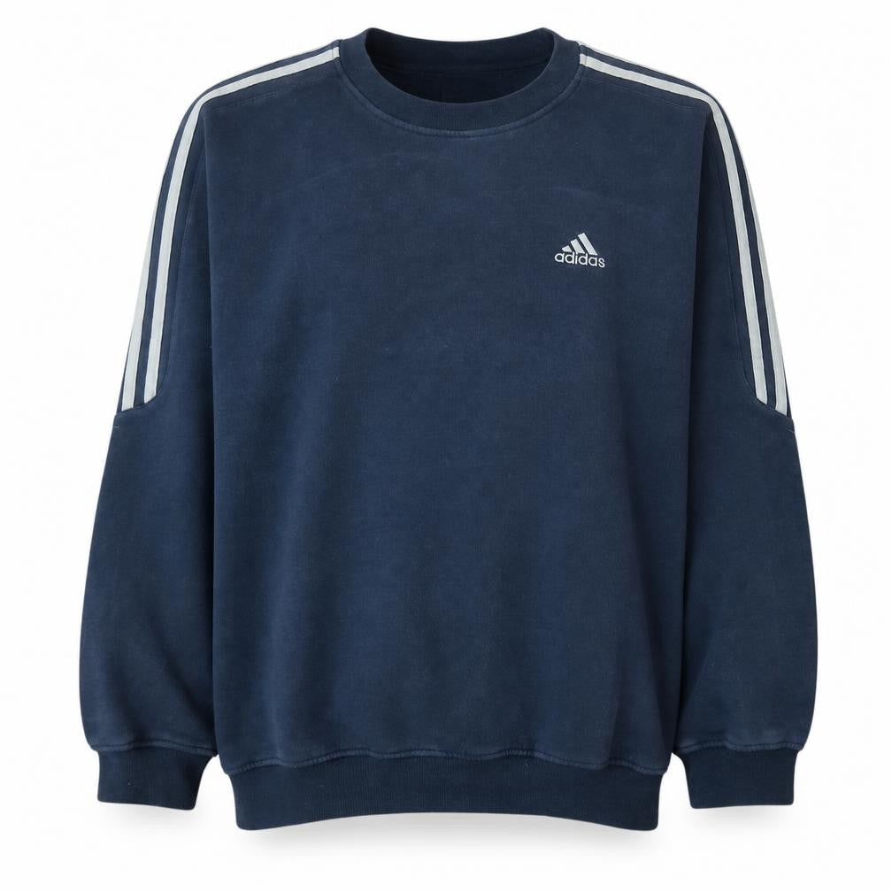 Front view of Adidas Men’s Blue Crew Neck Pullover Sweatshirt, size S, Sports Style