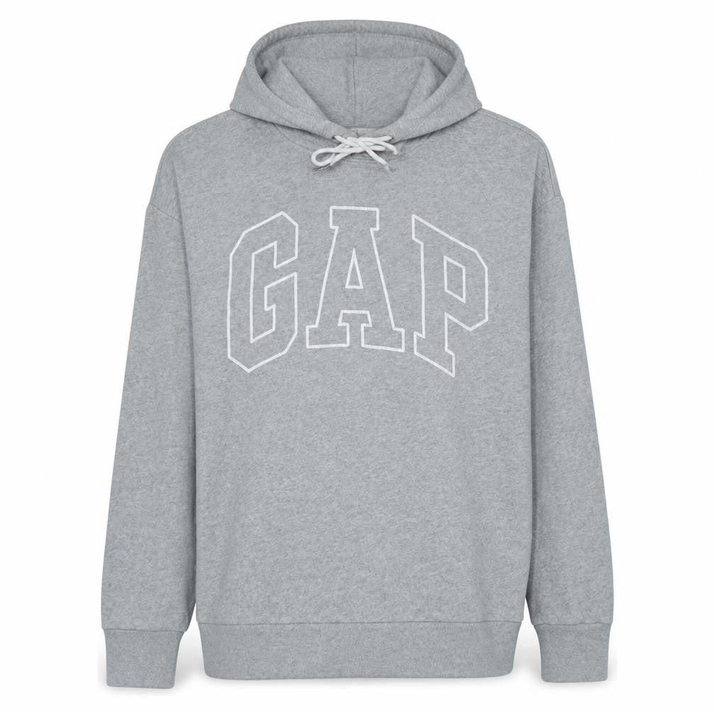 Front view of Gap Men Grey Pullover Hoodie L Tall Fleece Logo Sweatshirt