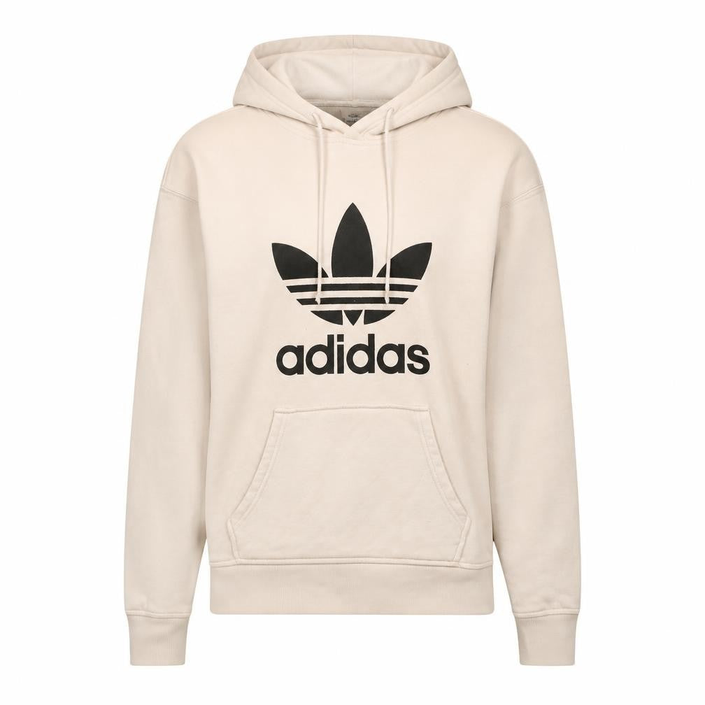 Front view of Adidas women’s white pullover hoodie, size UK 6, logo fleece sweatshirt