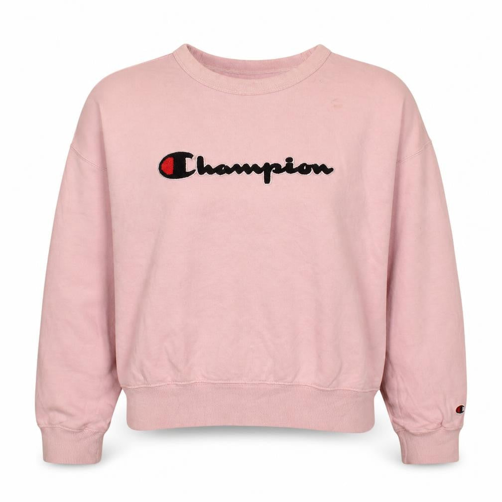 Front view of Champion women’s pink small pullover sweatshirt with logo embroidery