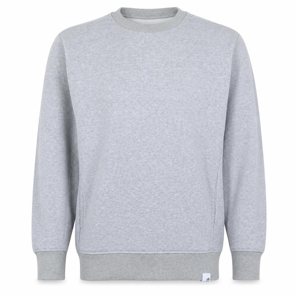 Front view of Adidas men’s grey crew neck pullover sweatshirt, size M