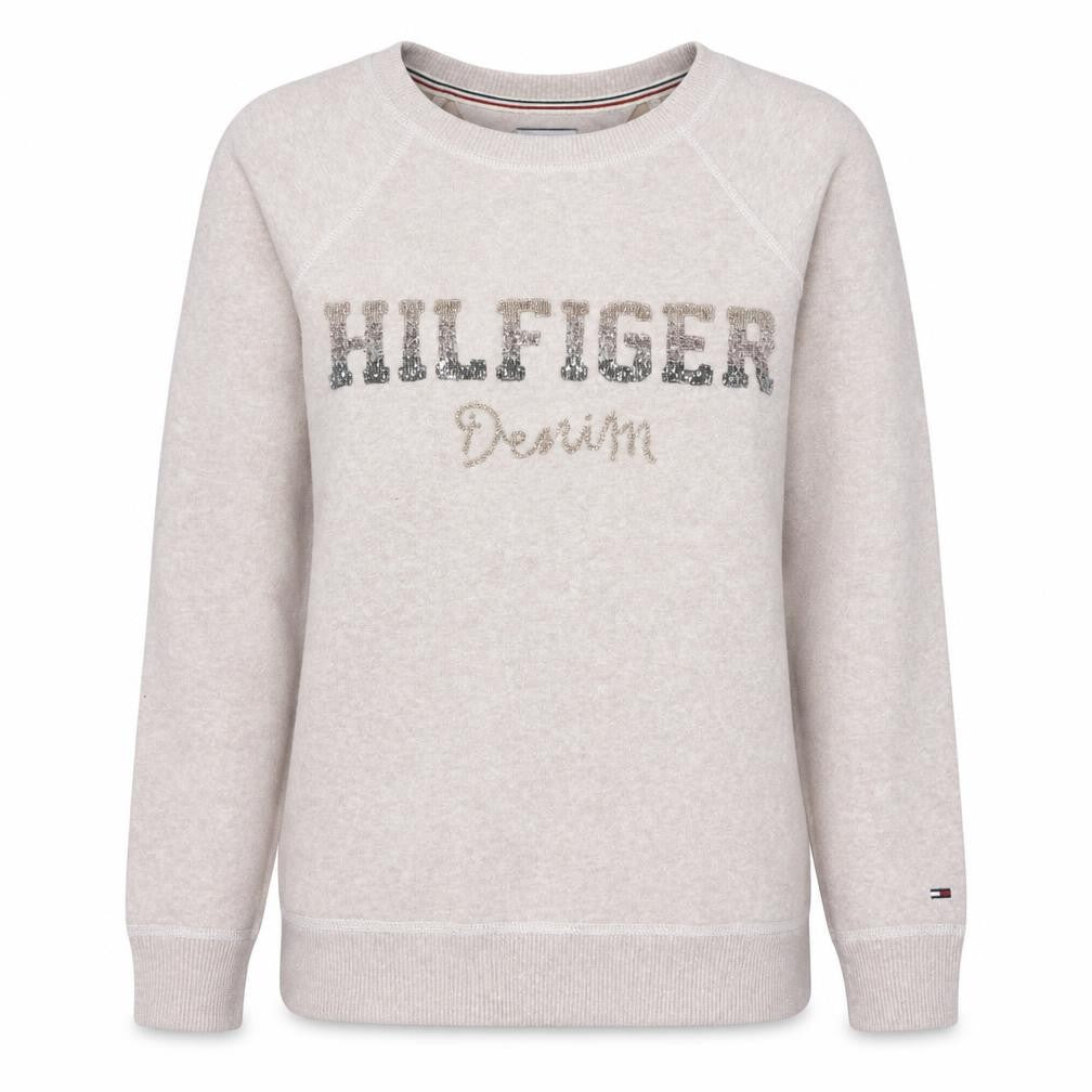 Tommy Hilfiger Denim Womens Beige XS Sequin Logo Pullover Sweatshirt