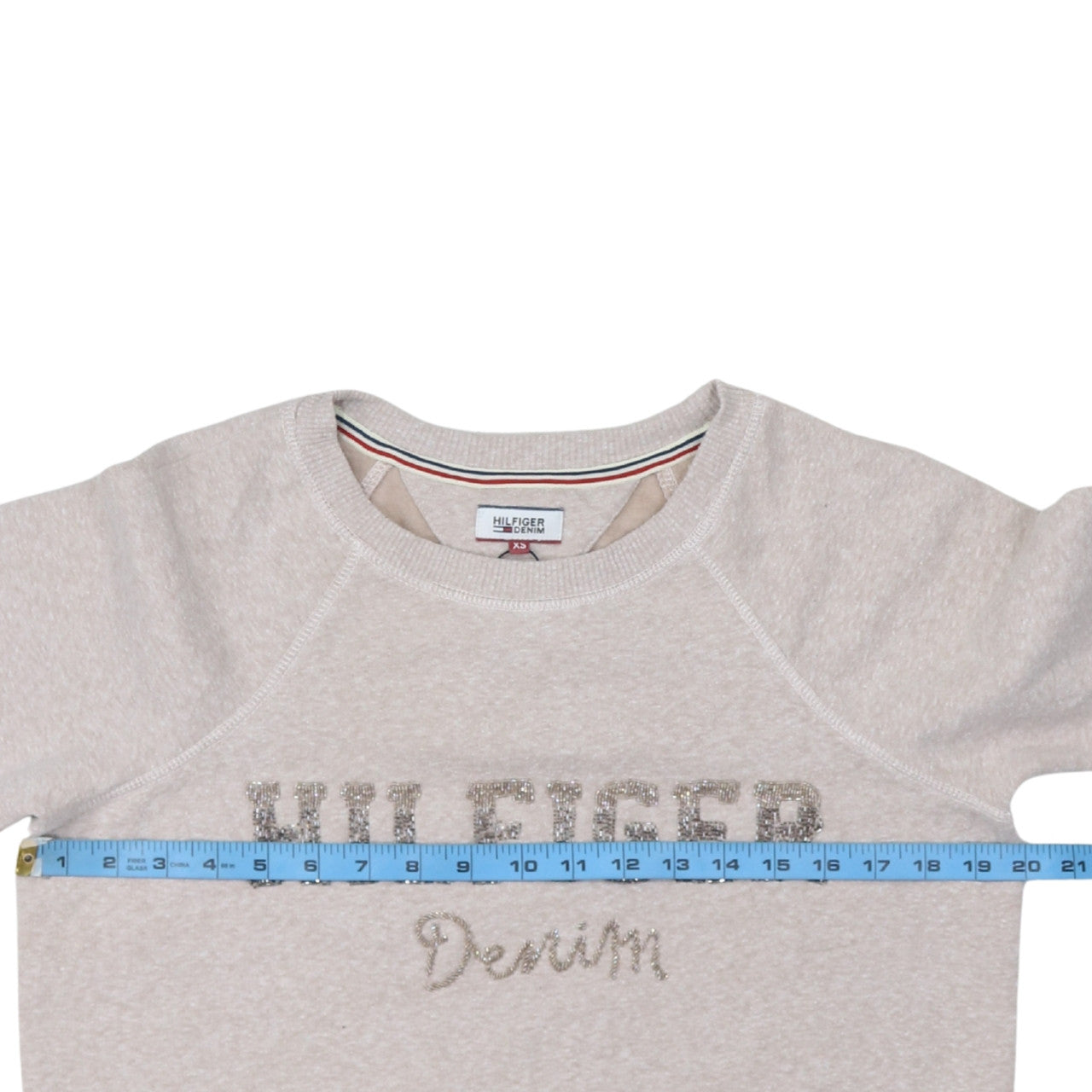 Tommy Hilfiger Denim Womens Beige XS Sequin Logo Pullover Sweatshirt