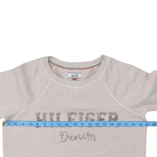 Tommy Hilfiger Denim Womens Beige XS Sequin Logo Pullover Sweatshirt
