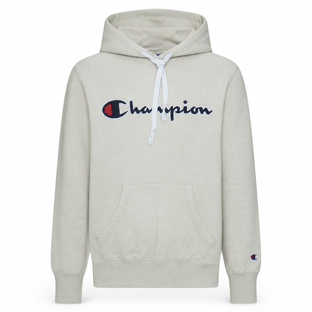 Front view of Champion Men's Beige Small Pullover Hoodie with Logo Front