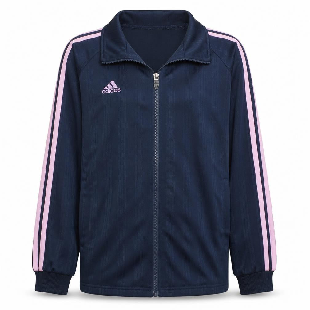 Front view of adidas girls’ blue pink stripe climalite track jacket, size 13-14, years