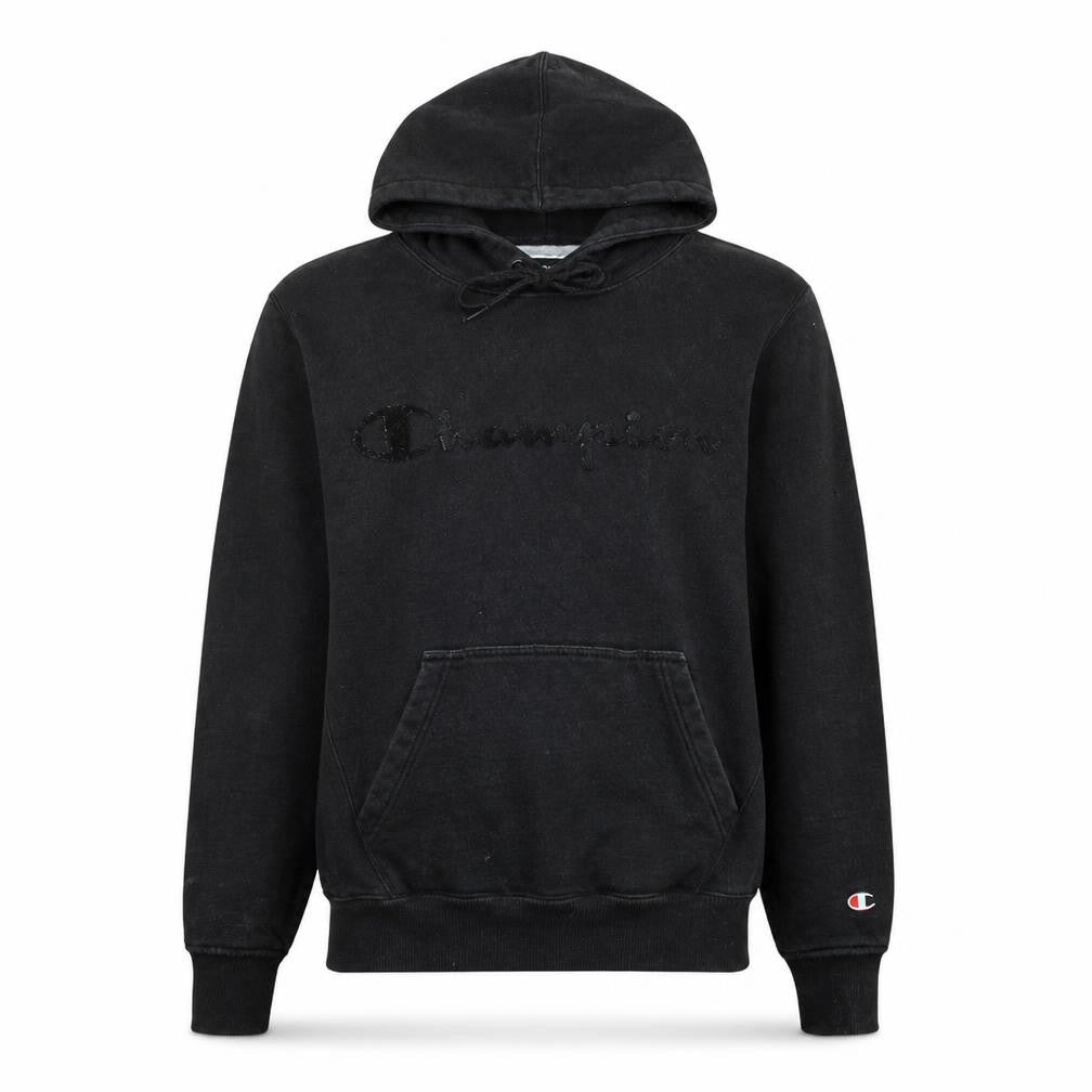 Front view of Champion Men Black Pullover Hoodie Medium Logo Fleece Sweatshirt
