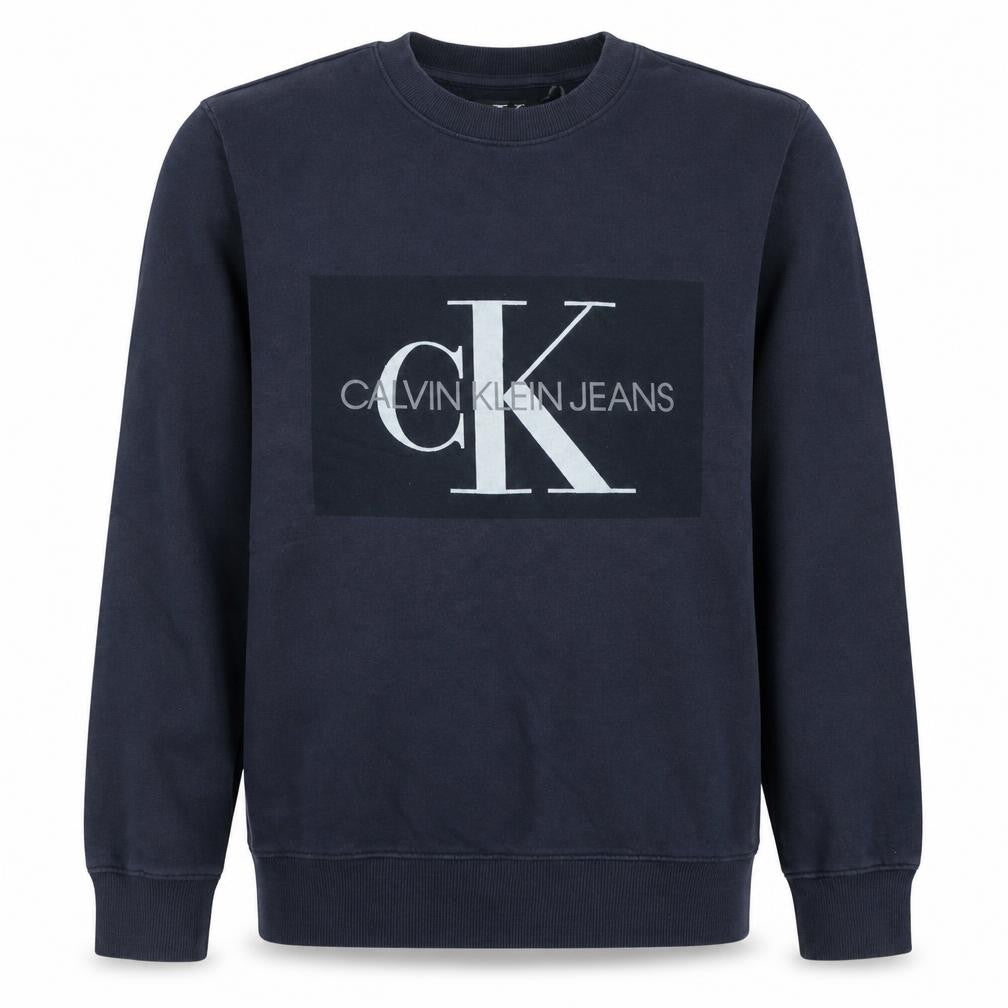 Front view of Calvin Klein Jeans Men's Blue Logo Crew Neck Cotton Sweatshirt M