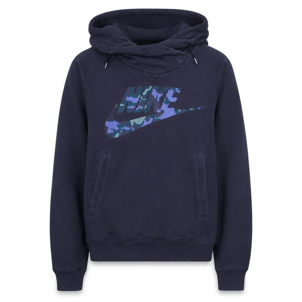 Front view of Nike women’s purple camo logo pullover hoodie, size S