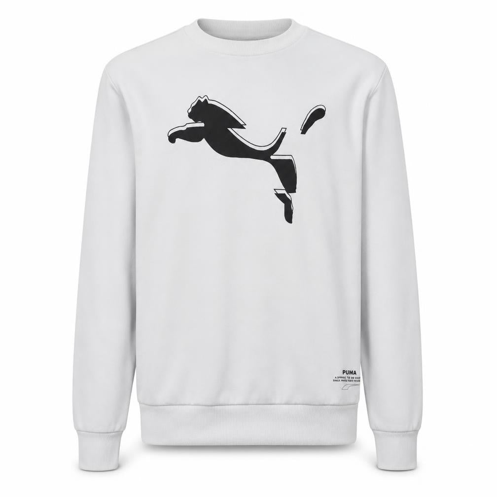 Front view of Puma Men’s White Small Pullover Sweatshirt Crew Neck Graphic