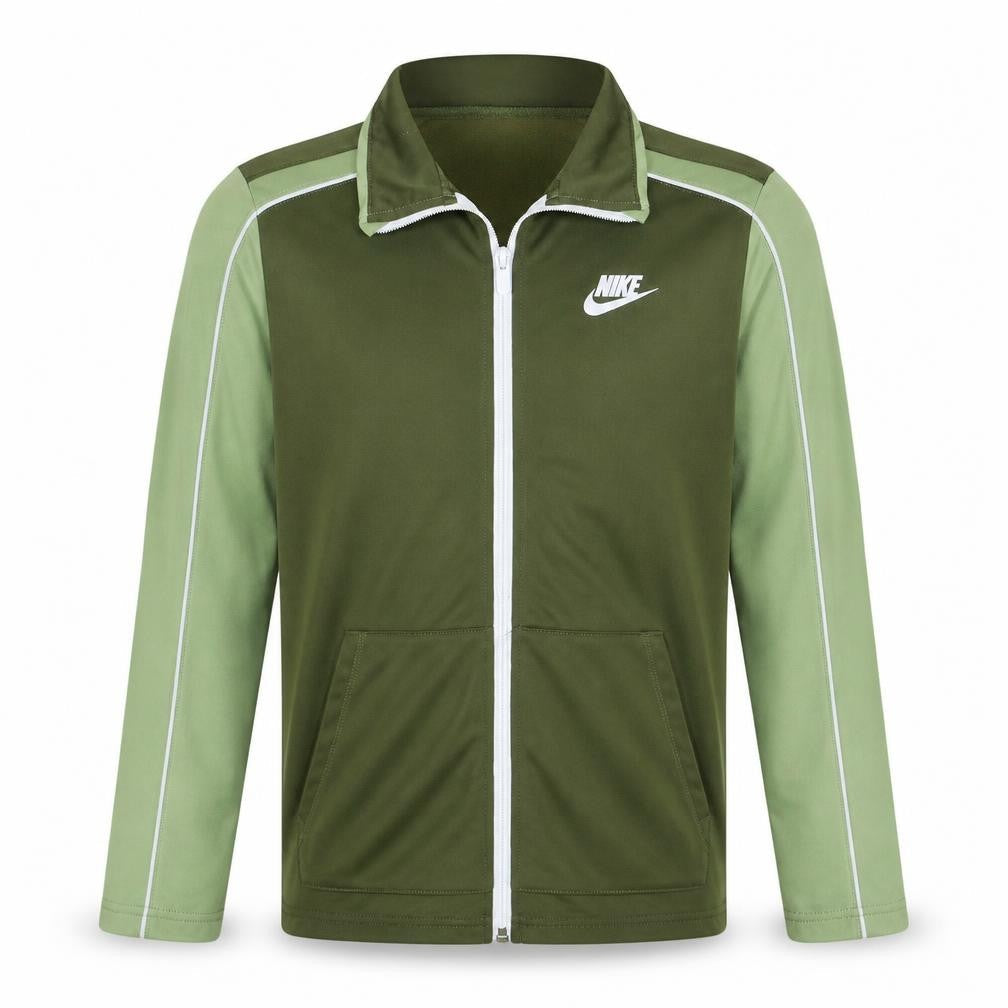 Front view of Nike boys’ green track jacket, size 13-14, years full zip activewear
