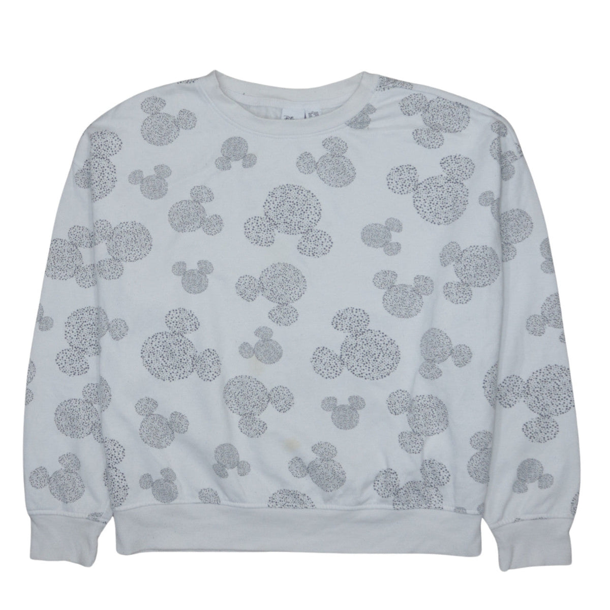 Front view of Disney Women White Mickey Print Sweatshirt UK 12/14 Crew Neck Cotton