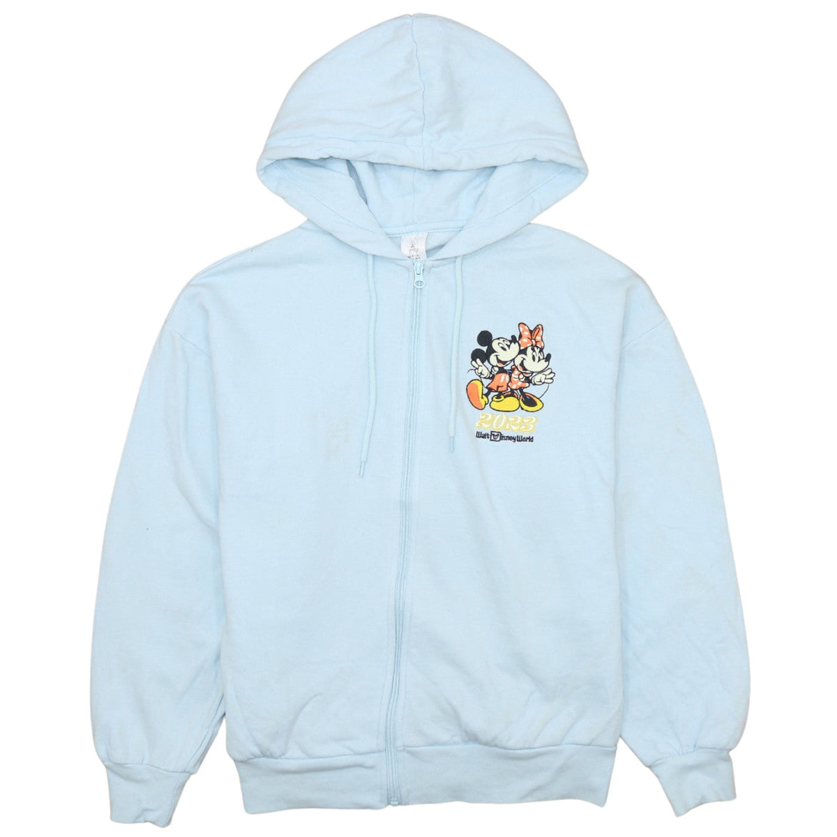 Front view of Disney Women’s Light Blue Full Zip Hoodie Mickey & Minnie S 2023