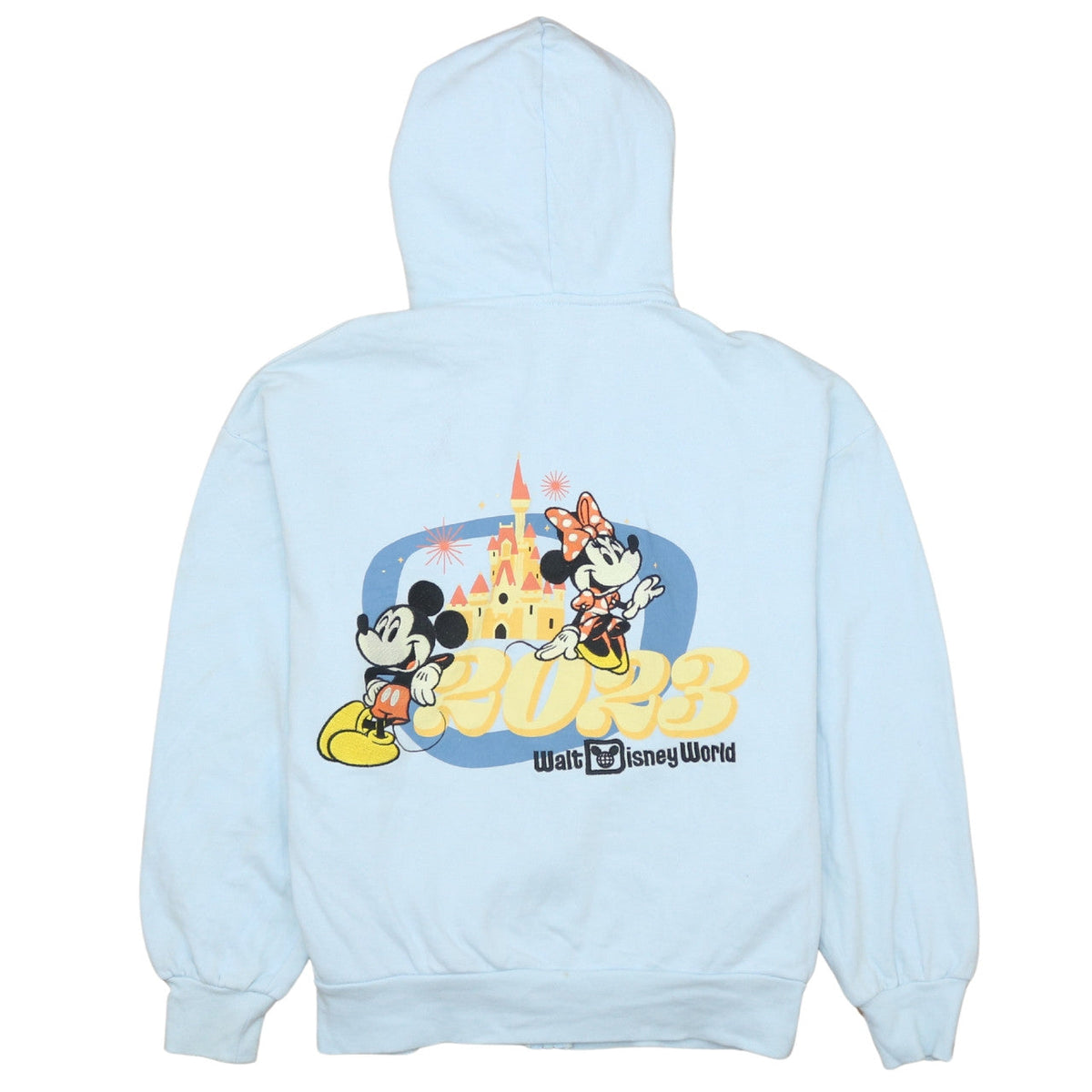Back view of Disney Women’s Light Blue Full Zip Hoodie Mickey & Minnie S 2023