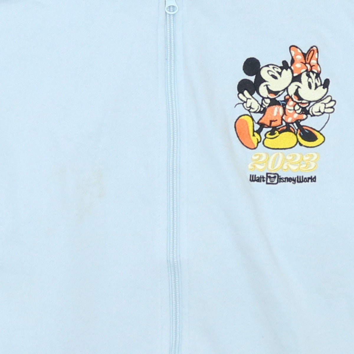 Brand and care label for Disney Women’s Light Blue Full Zip Hoodie Mickey & Minnie S 2023