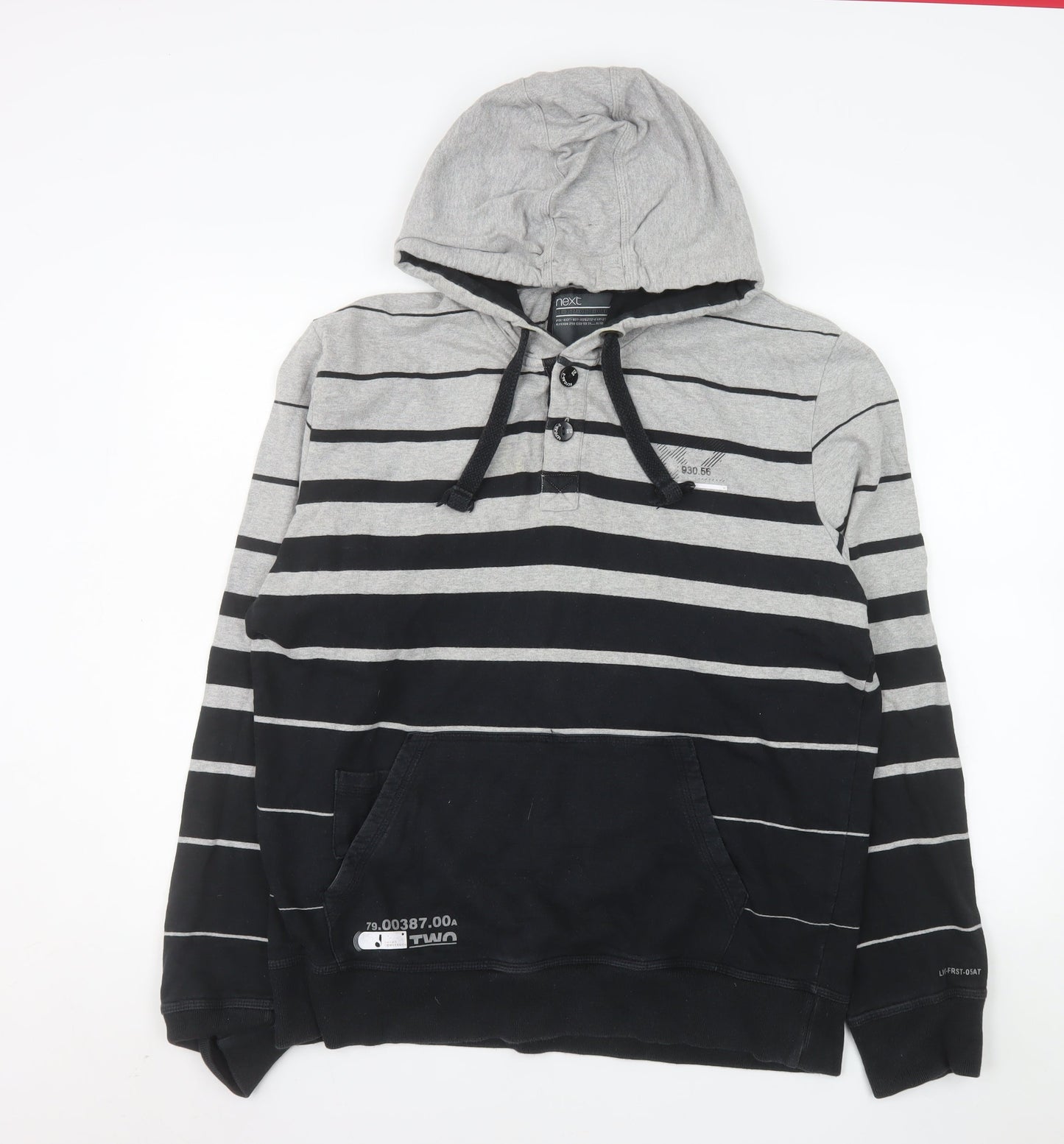 Next Men's Grey Striped Henley Hoodie L Cotton Casual Sweatshirt