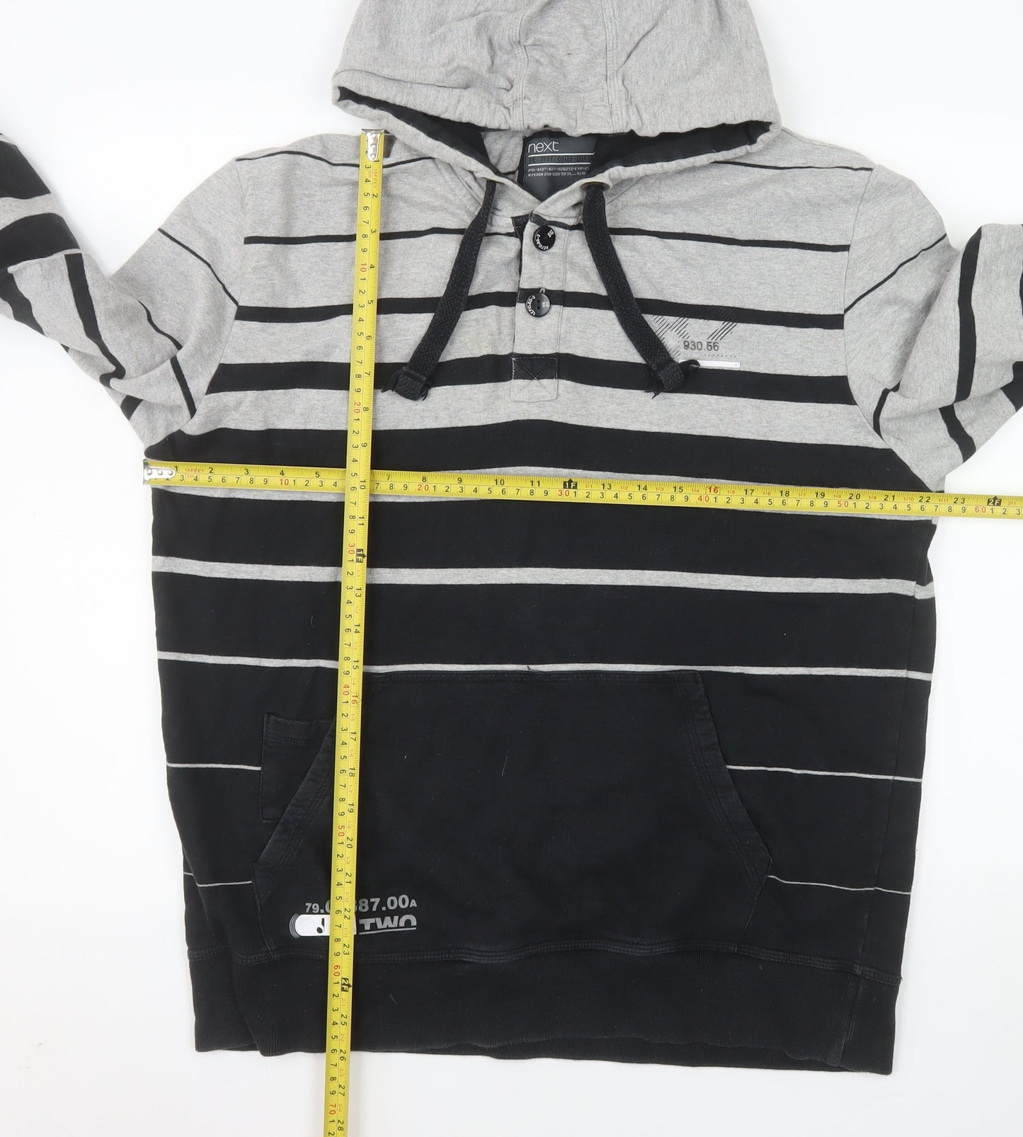 Next Men's Grey Striped Henley Hoodie L Cotton Casual Sweatshirt