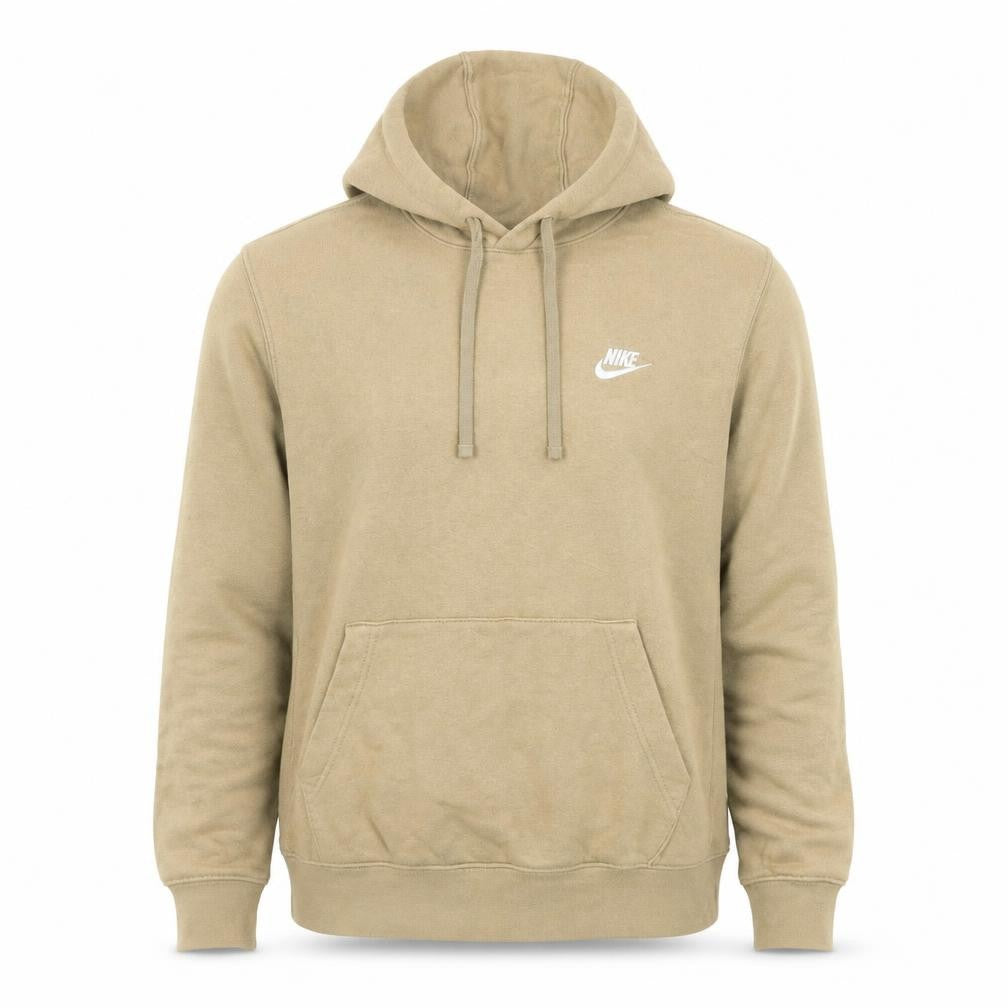 Front view of Nike Men Beige Pullover Hoodie S Fleece Lined Logo Regular Fit