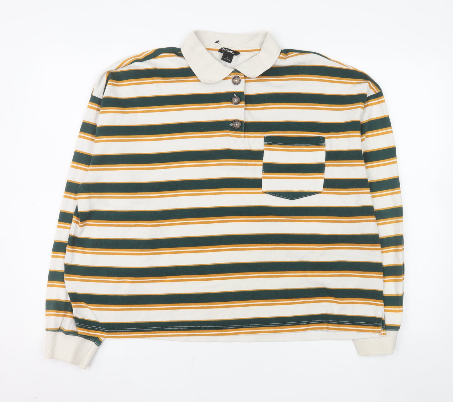 Monki Women’s Multicoloured Striped Collared Long Sleeve Polo Top L