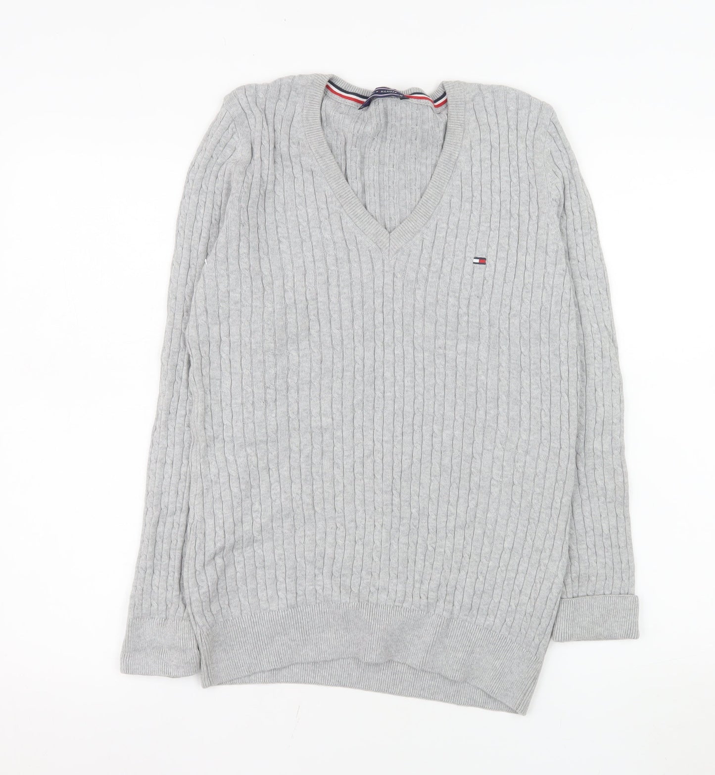 Tommy Hilfiger Men’s Grey XL V-Neck Cable Knit Cotton Jumper