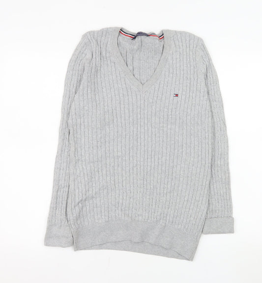 Tommy Hilfiger Men’s Grey XL V-Neck Cable Knit Cotton Jumper