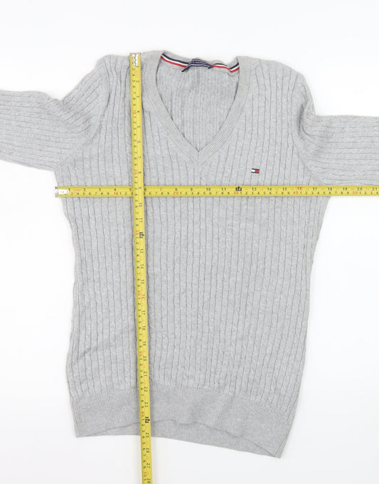 Tommy Hilfiger Men’s Grey XL V-Neck Cable Knit Cotton Jumper