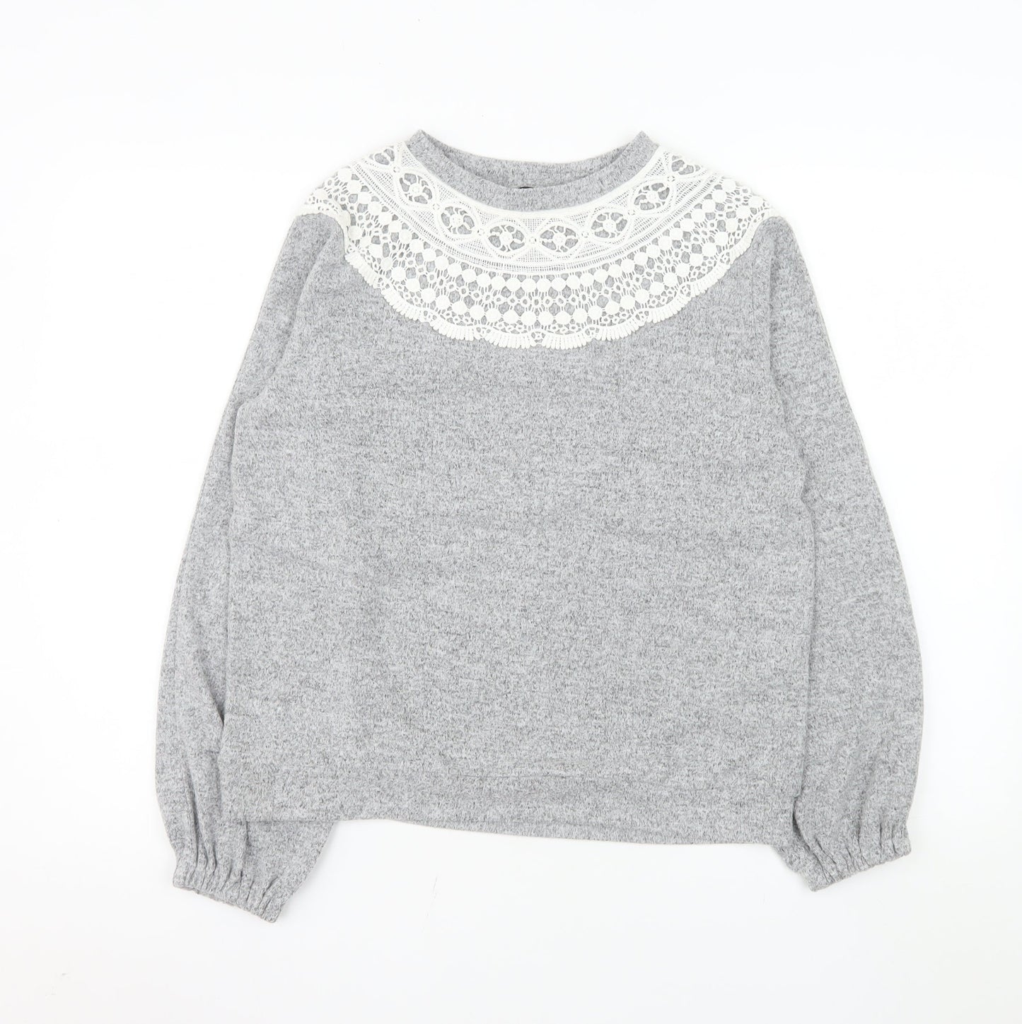 Dorothy Perkins Women Grey Lace Crew Neck Long Sleeve Jumper UK 10