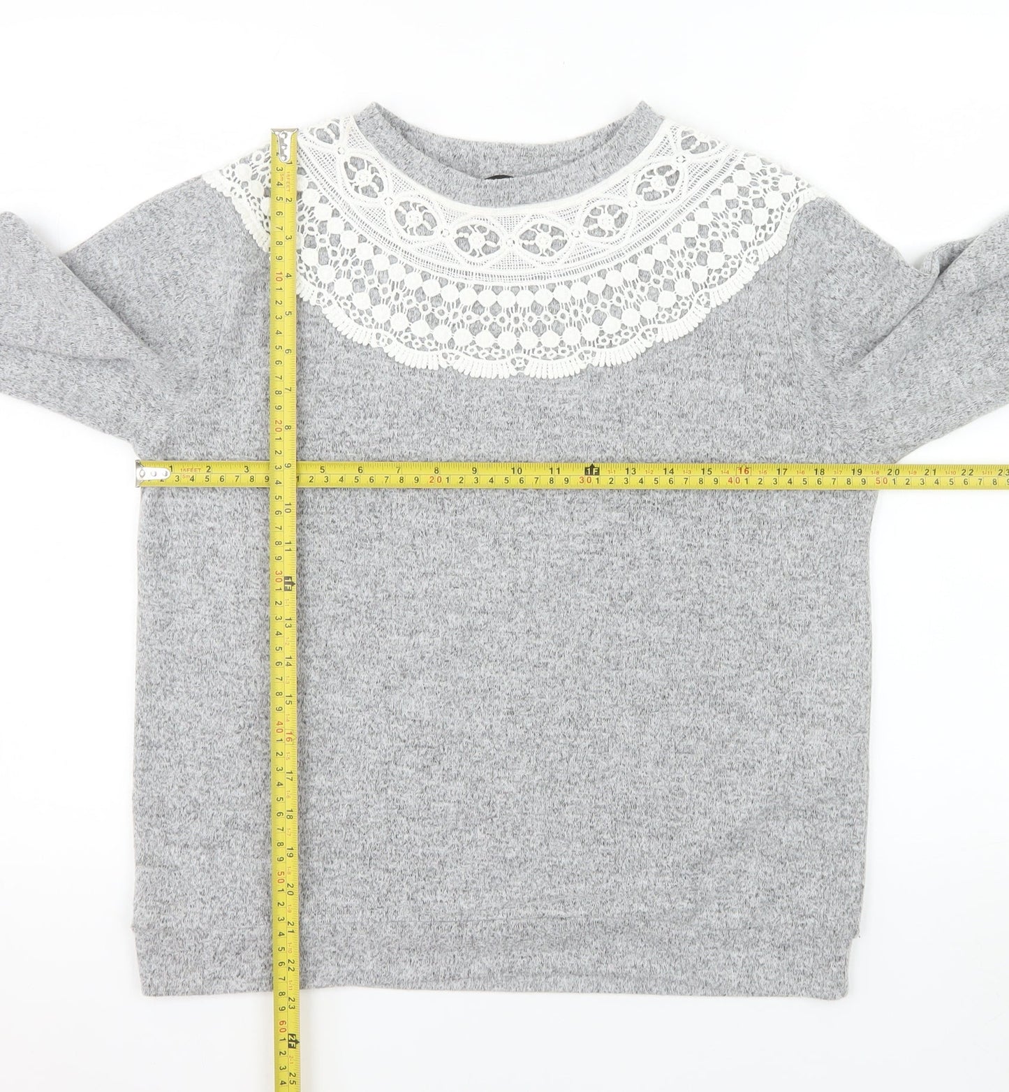 Dorothy Perkins Women Grey Lace Crew Neck Long Sleeve Jumper UK 10