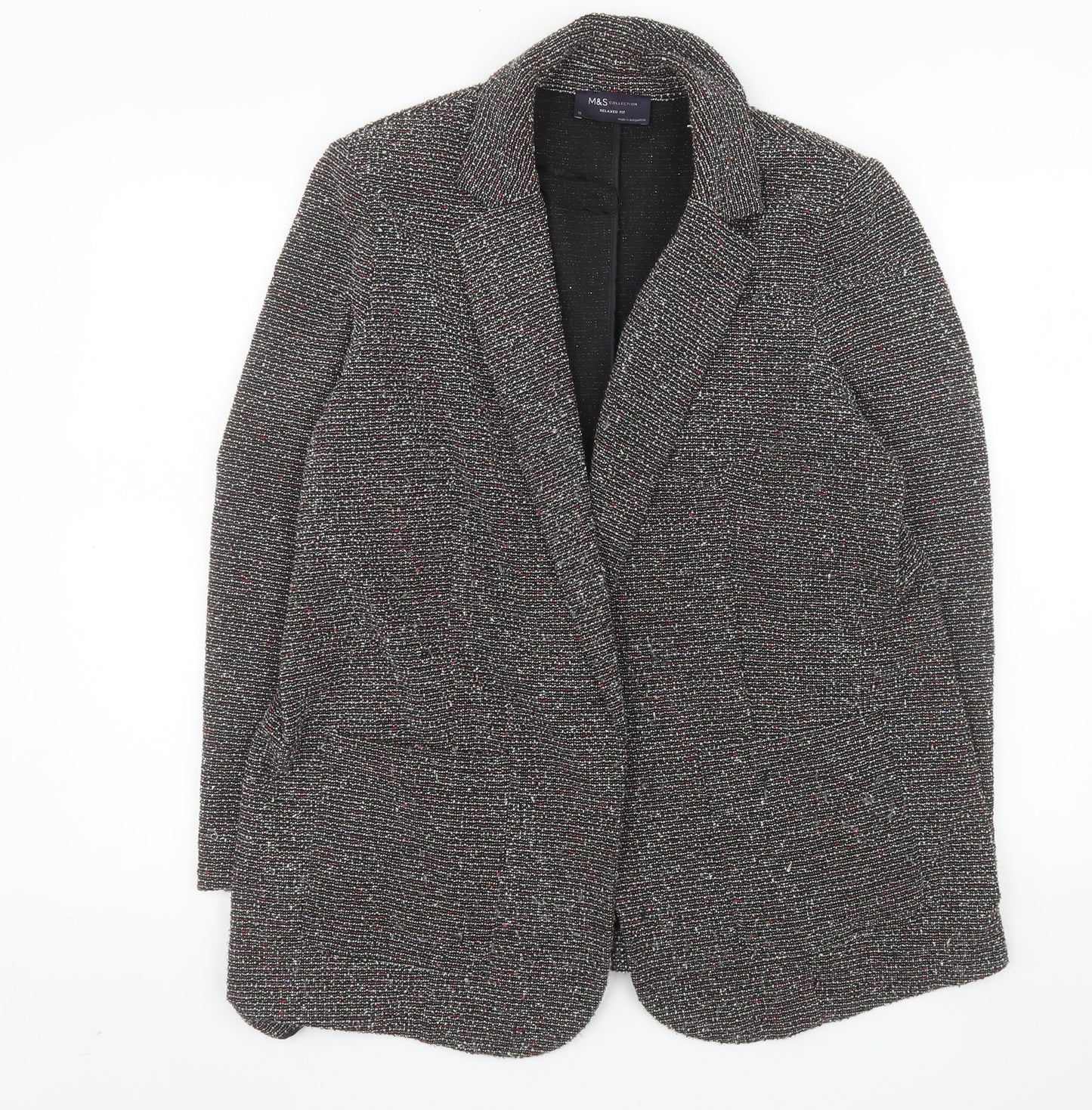 Marks and Spencer Women Black Tweed Long Blazer Jacket Size 16