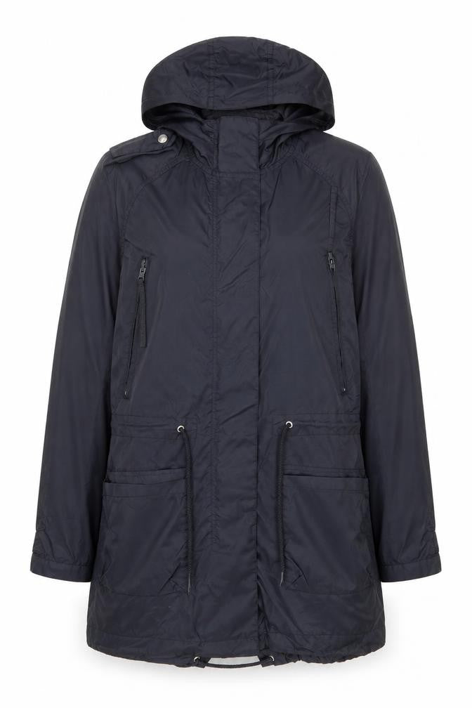 Front view of Topshop Women’s Black Hooded Parka Coat, size UK 8, Long Nylon Jacket