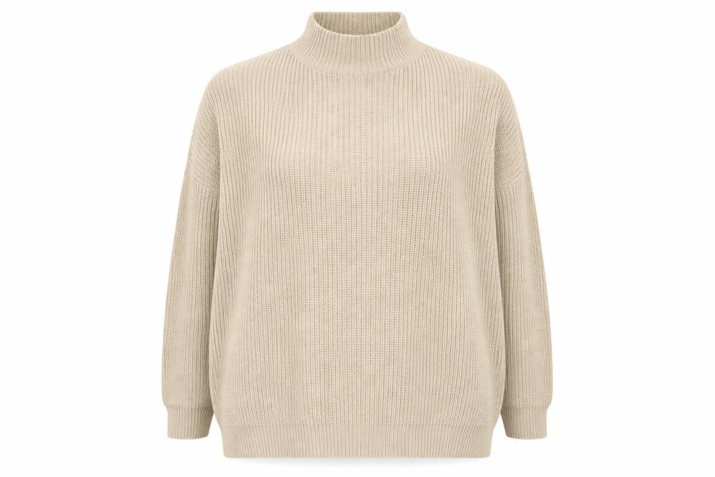 Front view of PRETTYLITTLETHING women’s beige plus 2xl chunky knit mock neck jumper
