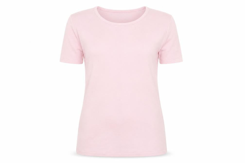 Front view of Soon Women's Pink Short Sleeve Acrylic Knit T-Shirt, size 8