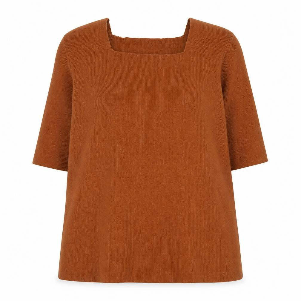Front view of Fashion Extra Women’s Brown Acrylic Square Neck Short Sleeve Jumper, size UK 20/22