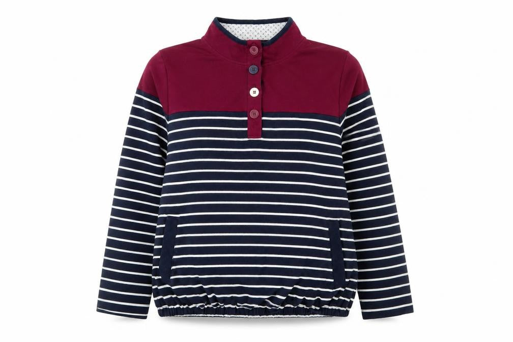 Front view of Bonmarché Women’s Navy Stripe Henley Sweatshirt XL Cotton Blend
