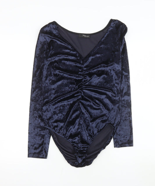 Jane Norman Womens Navy Velvet Bodysuit UK 14 Long Sleeve V-Neck Ruched