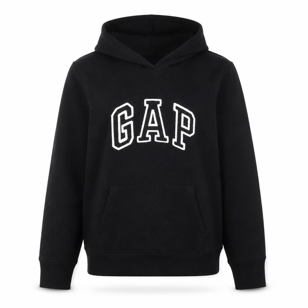 Front view of Gap women’s black pullover hoodie medium cotton blend logo