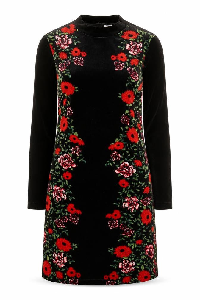 H&M Women Black Floral Velvet Bodycon Dress Size 10 Long Sleeve