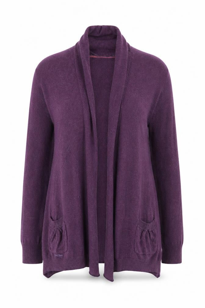 Front view of FatFace women’s purple cardigan, size UK 10, long sleeve knit