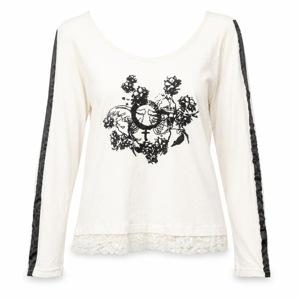 Front view of Cream women’s ivory floral lace hem long sleeve t-shirt, size M