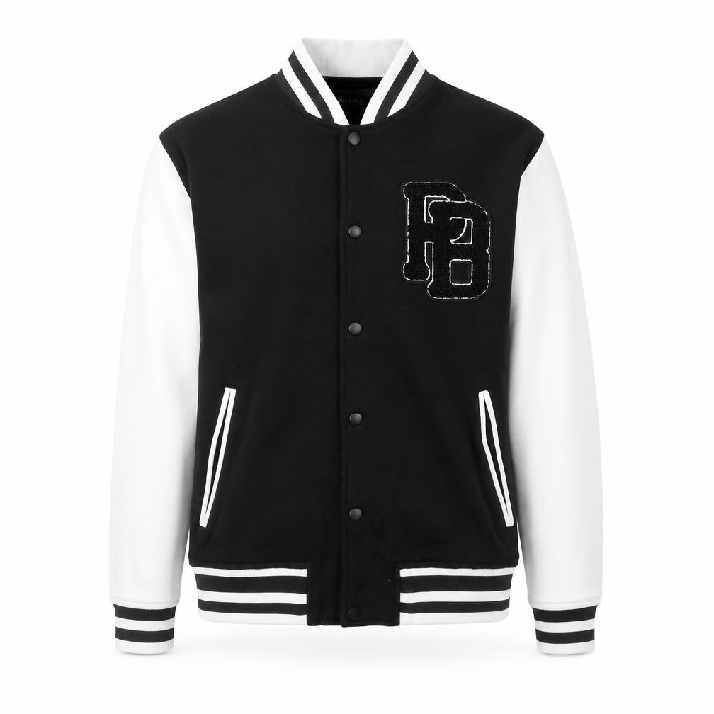 Front view of Pull&Bear Men's Black Varsity Jacket, size M, College Style